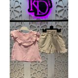 Müslin Yakası Fırfırlı Gömlek Keten Şort Kız Çocuk Alt Üst Takım - Pembe - 4 Yaş