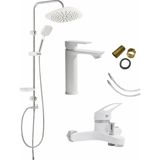 Musluq 3'lü Full Lüx Set Robot - Sabit Banyo Lavabo Bataryası - Banyo Duş Bataryası Musluğu - Beyaz