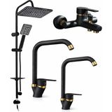 Musluq Siyah Duş Set Yağmurlama Eviye Banyo Lavabo Batarya Lüks Tasarım 4lü Set L Borulu Baston Modern Set - Siyah - Beyaz