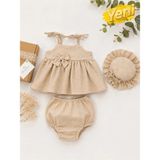 Mussora Baby Kız Bebek Askılı Elbise Takım Müslin Kumaş! - Bej - 0 - 6 Ay
