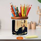 Mustafa Kemal Atatürk Ahşap Seramik Kalemlik - s150 - Renkli