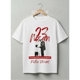 Mustafa Kemal Atatürk Tasarımlı Pamuklu Tişört Milli Bayramlar Özel Serisi Çocuk & Yetişkin-Unisex - Beyaz - XL