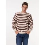 Mustang Bisiklet Yaka Loose Fit Çizgili Kahve - Bej Erkek Kazak M4WM-KZK-1622 - 2XL