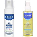 Mustela 150 ml Konak Önleyici Köpük Şampuan ve 100 ml Bebek Bakım Masaj Yağı Seti İçerir