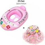 Mustran 2'li Set Bebek Deniz Simidi Güneş Şapka Hediyeli Çocuk Havuz Simidi | 10 × 7 cm Bacak Geçişi - Pembe