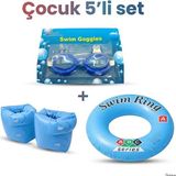 Mustran Çocuk 5'li Deniz ve Havuz Yüzme Seti Deniz Gözlüğü + Çift Odalı Kolluk + Çocuk Simidi + Kulak Tıkacı + Burun Tıkacı - Mavi