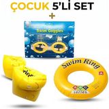 Mustran Çocuk 5'li Deniz ve Havuz Yüzme Seti Deniz Gözlüğü + Çift Odalı Kolluk + Çocuk Simidi + Kulak Tıkacı + Burun Tıkacı - Sarı