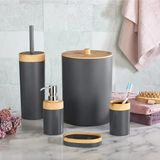 Mutfak Köşesi Limpia Bambu Desenli Beyaz 5'li Banyo Seti Çöp Kovası, Sıvı Sabunluk, Diş Fırçalık - Gri