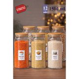 Mutfak Köşesi Pureglass 12’li 1500 ml Ahşap Vakum Kapaklı Cam Kavanoz Seti – Etiketli Bakliyat Saklama Kabı