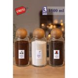 Mutfak Köşesi Pureglass 1500 ml 3’lü Ahşap Top Kapaklı Cam Kavanoz Seti – Çay Kahve Şeker Saklama Kabı, Etiketli