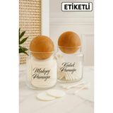 Mutfak Köşesi Pureglass 2li Büyük Boy Ahşap Top Kapaklı 500 ml Cam Pamukluk – Etiket Hedidyeli Cam Kavanoz - 2 Adet