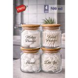 Mutfak Köşesi Pureglass 4lü Büyük Boy Ahşap Kapaklı 500 ml Cam Pamukluk – Etiket Hediyeli Cam Kavanoz