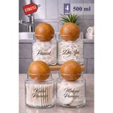 Mutfak Köşesi Pureglass 4lü Büyük Boy Ahşap Top Kapaklı 500 ml Cam Pamukluk – Etiket Hediyeli Cam Kavanoz