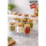 Mutfak Köşesi Pureglass 9’lu Cam Ahşap Kapaklı, Standlı Baharatlık -Contalı Kavanoz- 3 Katlı Standlı, Etiketli