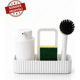 Mutfak Lavabo Üstü Organizer Süngerlikli Deterjanlık Bulaşık Fırçalık Tezgah Düzenleyici Set Sünger Dahil - Beyaz