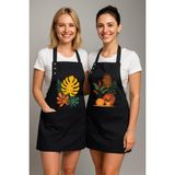 Mutfak Önlüğü Seti 2'li Leke Tutmaz Su Itici Kumaş Solmaz Baskı Ayarlanabilir Çıtçıtlı Boyun Askısı Monstera Ev Saksı Bitkileri Önlük - 60 x 75 cm - Siyah