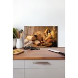 Mutfak Temalı Ekmek Çeşitleri Cam Kesme Tahtası , Silikon Ayaklı, Kırılmaya Dayanıklı, Sunum Tablası - 23 x 35 cm