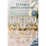 Mutfiko 12 Parça Gold Detaylı Cam Sunum Seti | 6 Ayaklı Bardak + 6 Kase | Şık İçecek ve Tatlı İkram Takımı