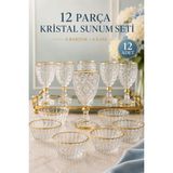 Mutfiko 12 Parça Kristal Sunum Seti Gold Detaylı | 6 Bardak + 6 Kase | Cam Kahve ve Tatlı Ikram Seti - 12 Adet - Altın - Şeffaf