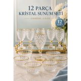 Mutfiko 12 Parça Kristal Sunum Seti Gold Detaylı | 6 Bardak + 6 Kase | Cam Kahve ve Tatlı İkram Seti