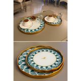 Mutfiko 2’li Turkuaz Kuş Desenli Gold Çerçeveli Servis Tepsi Seti – 27 cm & 20 cm Kahve Sunum Tepsisi