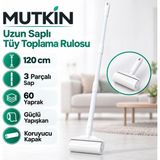 Mutkin 120 cm Hafif Uzun Saplı Tüy Toplama Rulosu 60 Yaprak Güçlü Yapışkanlı Masa Sandalye Koltuk Altı Kedi Köpek Tüyü, Kıl ve Toz Temizleyici - Beyaz