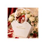 Mutkin Beyaz Kalpli Karton Hediye Çantası 23x15x9 cm Flower World Baskılı Çiçek Buketi Hediyelik Sunum Çantası