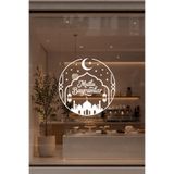 Mutlu Bayramlar Cam Vitrin Sticker, Bayram Temalı Mağaza Vitrin Süsü, Cami ve Ay Yıldız Desenli Çıkartma, Beyaz, 50x50 cm