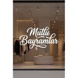 Mutlu Bayramlar Cam Vitrin Sticker, Ramazan ve Kurban Bayramı Dekorasyon Yazısı, Beyaz, 50x29 cm