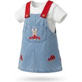 Mutlu Bebe Bulvar Kız Bebek %100 Pamuklu Kot Jile Elbise & Tişört Takım Tavşan Nakışlı Askılı Jean Elbise 2’li Set - 12 - 18 Ay - Mavi