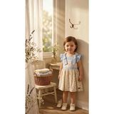 Mutlu Bebe Bulvar Kız Çocuk %100 Pamuklu Desenli Fiyonklu Bayramlık - Yazlık Elbise - Keten Dokulu Vintage Özel Gün Elbisesi - 4 Yaş - Krem