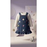 Mutlu Bebe Bulvar Kız Çocuk Çiçek Nakışlı Kot Salopet Elbise Sweatshirt %100 Pamuklu 2’li Kombin Seti - Kot Mavi - 18 Ay
