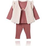 Mutlu Bebe Kız Bebek 3’lü Takım Çiçek Desenli Bluz Pantolon ve Yelek Şık Bebek Kıyafeti - 0 - 3 Ay - Bej