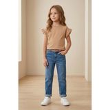 Mutlu Kids Fırfır Kol Detaylı Kısa Kol Regular Kız Çocuk Tişört - Vizon - 8 Yaş