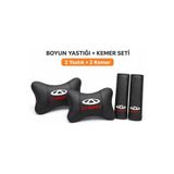 mutlu oto aksesuar Chery Oto Boyun Yastığı + Kemer Pedi Seti (2 Yastık + 2 Kemer) Siyah Deri Kırmızı Nakışlı