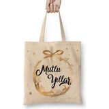 Mutlu Yıllar Bez Çanta Uzun Saplı - Açık Bej - 40 X 40