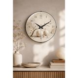 Muyika Design Dekoratif Duvar Saati 36 cm Wabi Sabi Pembe Bahar Dalı Desenli Bej Bombe Camlı Sessiz Akar Salon Saati MUYİKA-Pembe Bahar Dalı