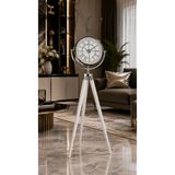 Muyika Design Gümüş Kasa Tripod Ayaklı Saat 150 cm Beyaz Ahşap Gövde MUYİKA Büyük Duvar Saati Krom Salon Ofis