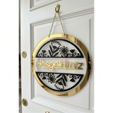 Muyika Design Kapı Süsü Hediyelik Dekoratif Şeffaf & Gold Pleksi Hoşgeldin -28 cm Lazer Kesim-Siyah Çiçek