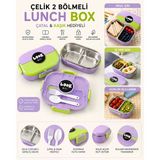 Muzeko Lunch Box 2 Bölmeli Paslanmaz Çelik Yemek Kabı Sızdırmaz Kapaklı, Taşınabilir Beslenme Kabı Çatak Kaşık Hediyeli 6204 Lila 1000ML