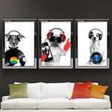 Müzik dinleyen Köpekler Temalı Aynalı Çerçeveli 3 lü Kanvas Tablo Seti 150x70 cm SETS0251