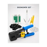 MVLH Ekonomik Set - RJ45 RJ11 Ağ Kurulum Krimp Pense - Kablo Test Cihazı + Mini Soyucu + 100 Adet RJ45 + Krone Bıçağı + 100 Adet Konnektör Siyah Kılıf