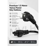 MVLH Premium 1.5 Metre Yonca Power Güç Kablosu - 3 Pinli Laptop Adaptör Kablosu Projeksiyon Monitör Şarj Kablosu 3'lü Delikli Çift Topraklı Siyah Besleme Kablosu Kalın Kesit Kırılmaz Güç Kablosu