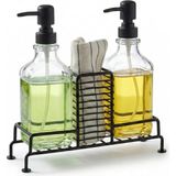 MWX Teknoloji Amberhaus 2'li Standlı Kare Cam Sabunluk Seti | 2 x 500 ml | Ferforje Metal Standlı (Siyah) | Sünger/fırça Bölmeli Mutfak ve Banyo Düzenleyici - 0,25 gr