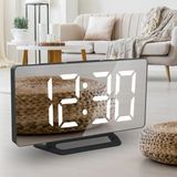 MWX Teknoloji 🪞 LED Aynalı Dijital Masa&duvar Saati ⏰sessiz, Termometre, USB Şarj,alarm 🔔 Modern Şık Tasarım - Siyah - Gümüş