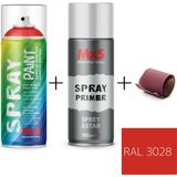 MxS Sprey+Astar Özel Yapım Akrilik Sprey Boya Seti 400 ml (Araba-Metal-Plastik-Ahşap) + Zımpara - RAL-3028 KIRMIZI