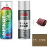 MxS Sprey+Astar Premium Özel Yapım Akrilik Sprey Boya Seti 400 ml (Araba-Metal-Plastik-Ahşap) + Zımpara - RAL-7008 GRİ HAKİ