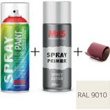 MxS Sprey+Astar Premium Özel Yapım Akrilik Sprey Boya Seti 400 ml (Araba-Metal-Plastik-Ahşap) + Zımpara - RAL-9010 SAF BEYAZ