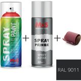 MxS Sprey+Astar Premium Özel Yapım Akrilik Sprey Boya Seti 400 ml (Araba-Metal-Plastik-Ahşap) + Zımpara - RAL-9011 GRAFİTİ SİYAH