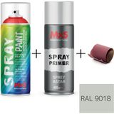 MxS Sprey+Astar Premium Özel Yapım Akrilik Sprey Boya Seti 400 ml (Araba-Metal-Plastik-Ahşap) + Zımpara - RAL-9018 PAPÜRİS BEYAZI